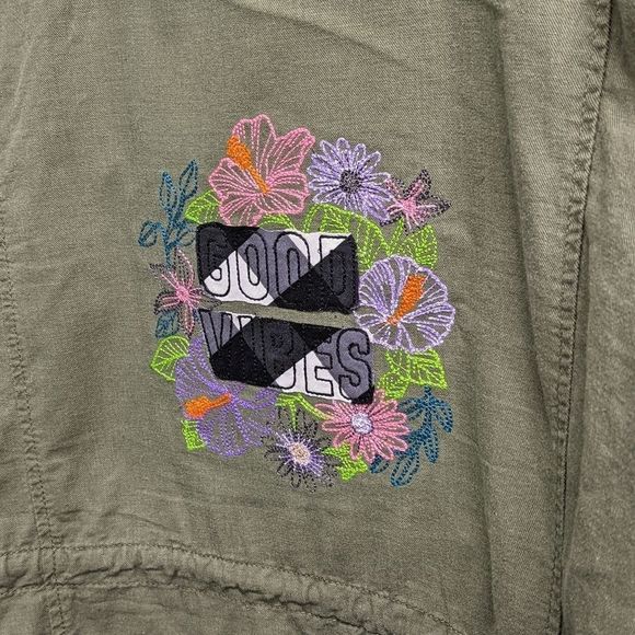 Army Green Embroidered Good Vibes Jacket - Picture 5 of 5